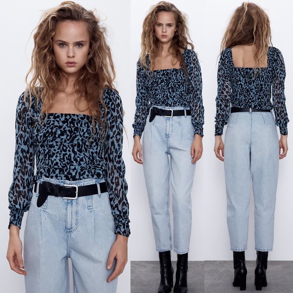 Zara Tops - NEW Zara Blue Leopard Animal Square Neck Crop Top